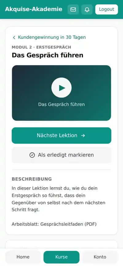 Echter Screenshot aus Kurs365: Lektion am Smartphone mit Video, Nächste Lektion und Navigation unten