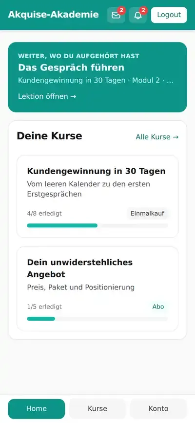 Echter Screenshot aus Kurs365: Startseite am Smartphone mit „Weiter, wo du aufgehört hast“ und zwei Kursen mit Fortschritt